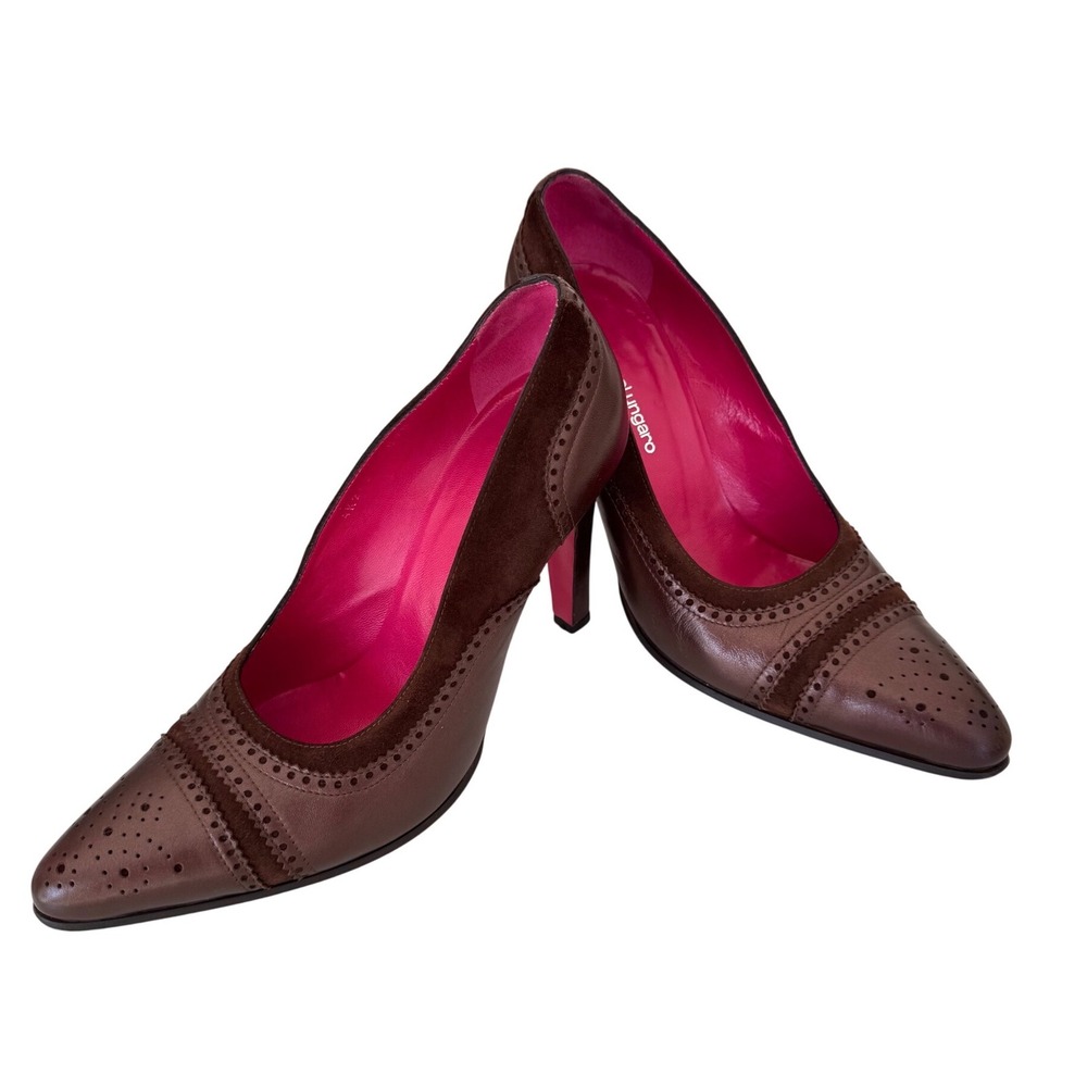 Emanuel Ungaro Paris Brown Leather Suede Brogue Pumps Pink Sole Stiletto Size 10